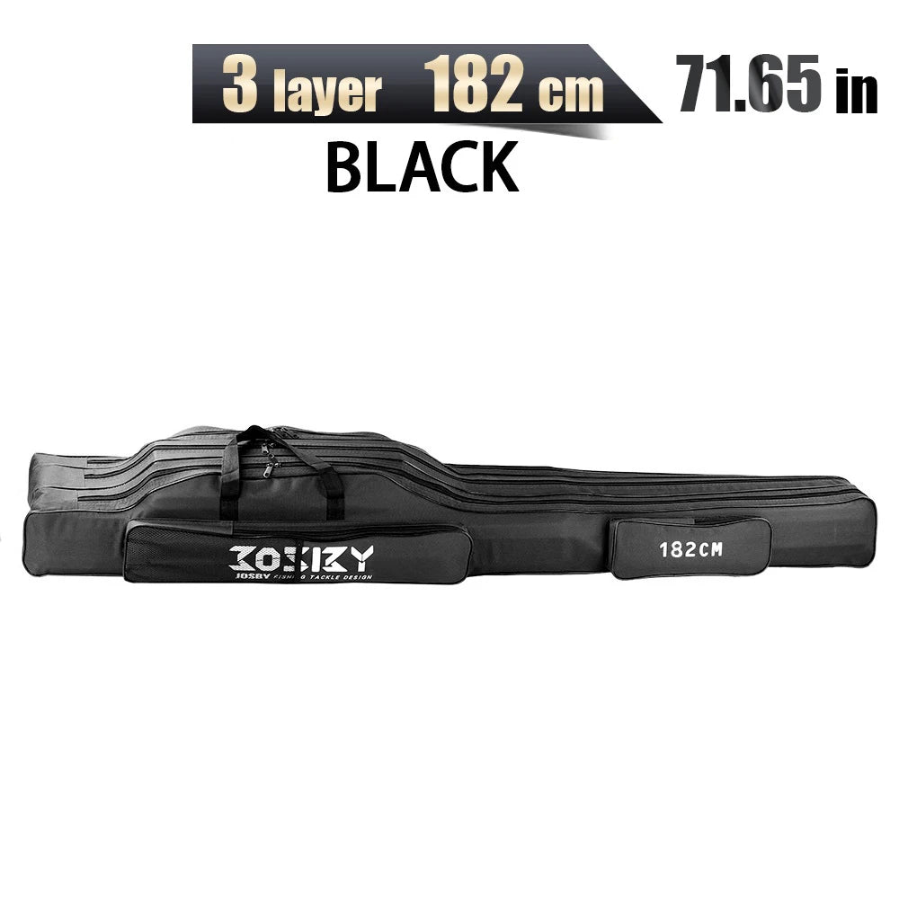 Black fishing rod bag with measurement details on a white background