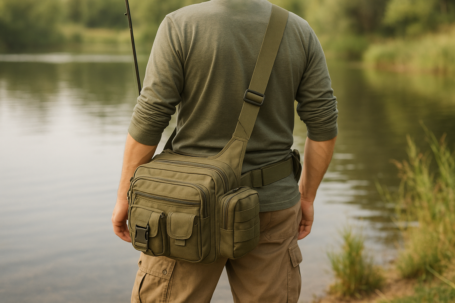 Man wearing a fishing bag near a lake.
