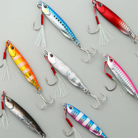 Colorful fishing lures on a gray background