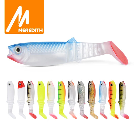 Set of colorful fishing lures with Meredith logo on a white background
