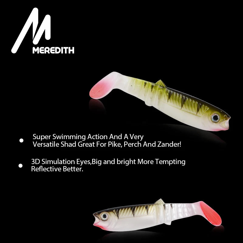 Fishing lure with Meredith branding on a black background
