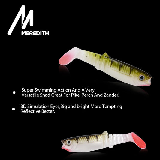 Fishing lure with Meredith branding on a black background