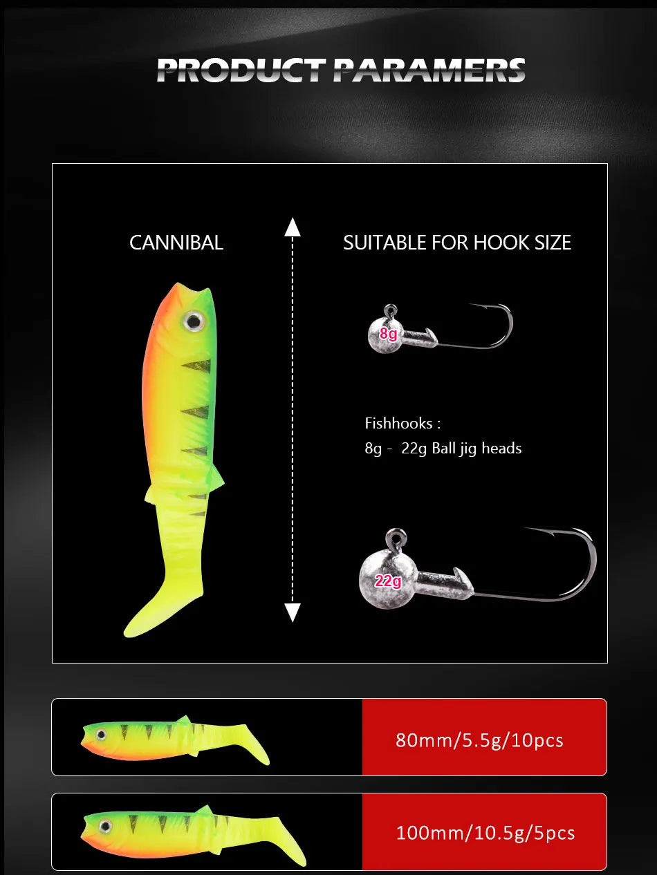 MEREDITH Cannibal Soft Lures – T-Tail Shad Baits (80mm–125mm)