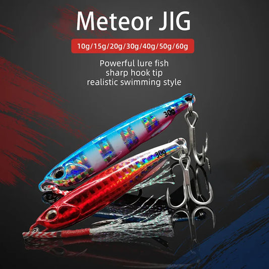 Two colorful fishing lures with hooks on a dark background, labeled 'Meteor JIG'.