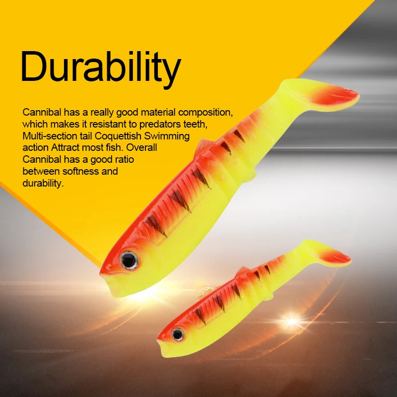 Two colorful fishing lures on a gradient background with durability text.