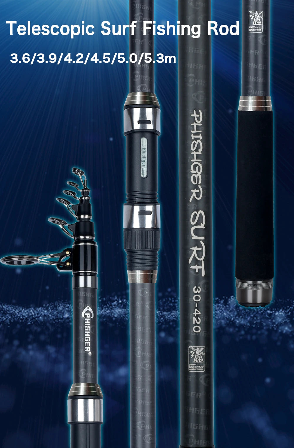 PHISHGER Telescopic Surf Spinning Rod – 30T Carbon Travel Surfcasting Pole