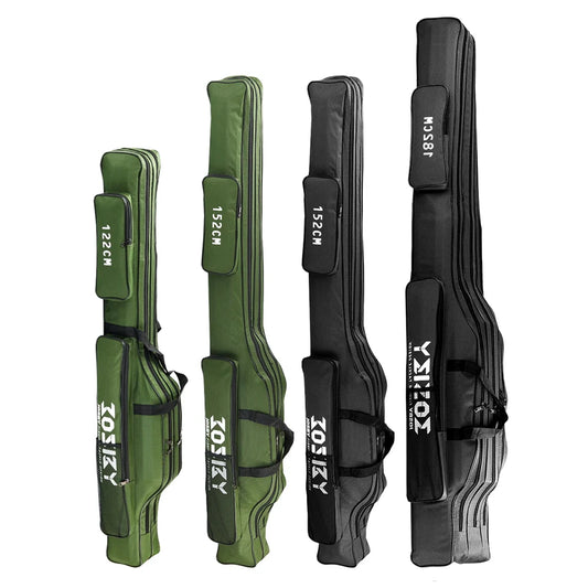 Two green and two black fishing rod bags with visible branding on a white background