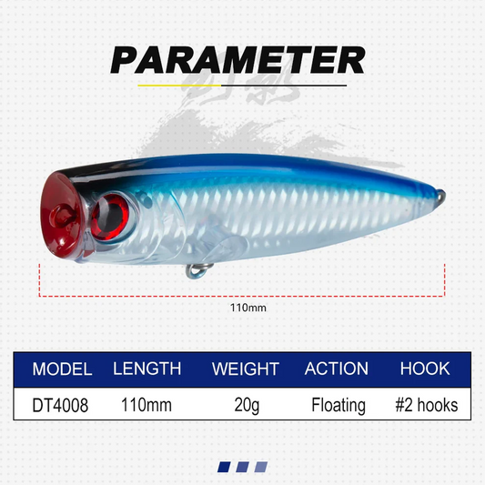 D1 Topwater Popper Lure 110mm 20g – Floating Hard Bait for Seabass & Pike